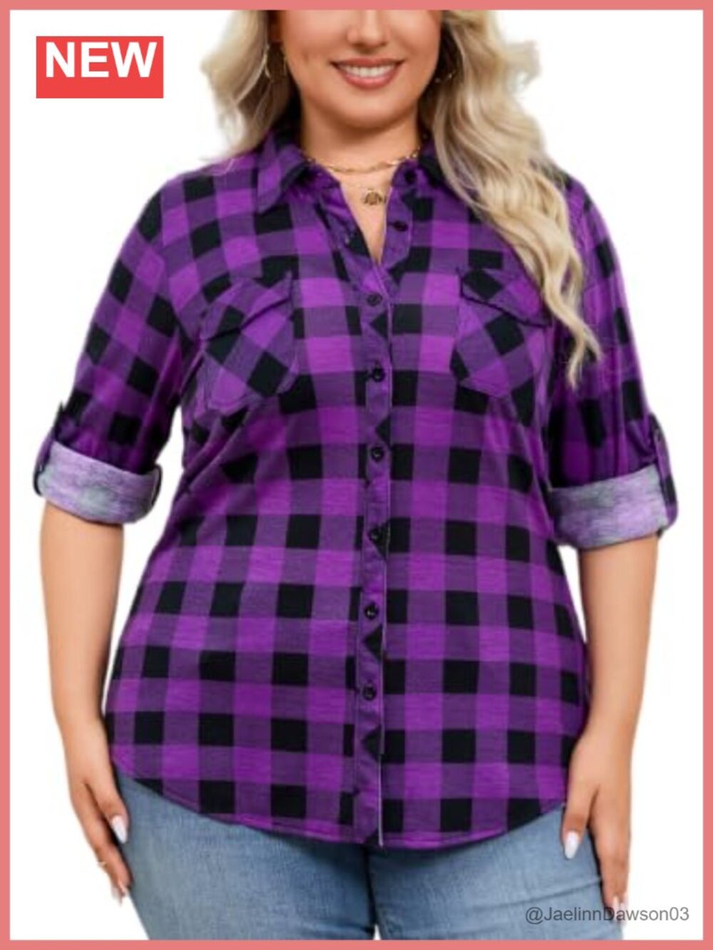 Womens Plaid Button Down Shirt Stretchy Knit Roll Up Long Sleeve Blouse